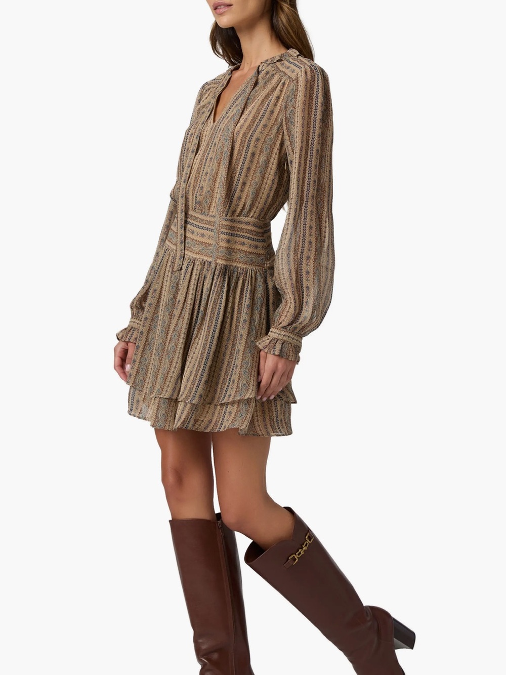 PAIGE Silk Paisley Long-Sleeve Tiered Dress